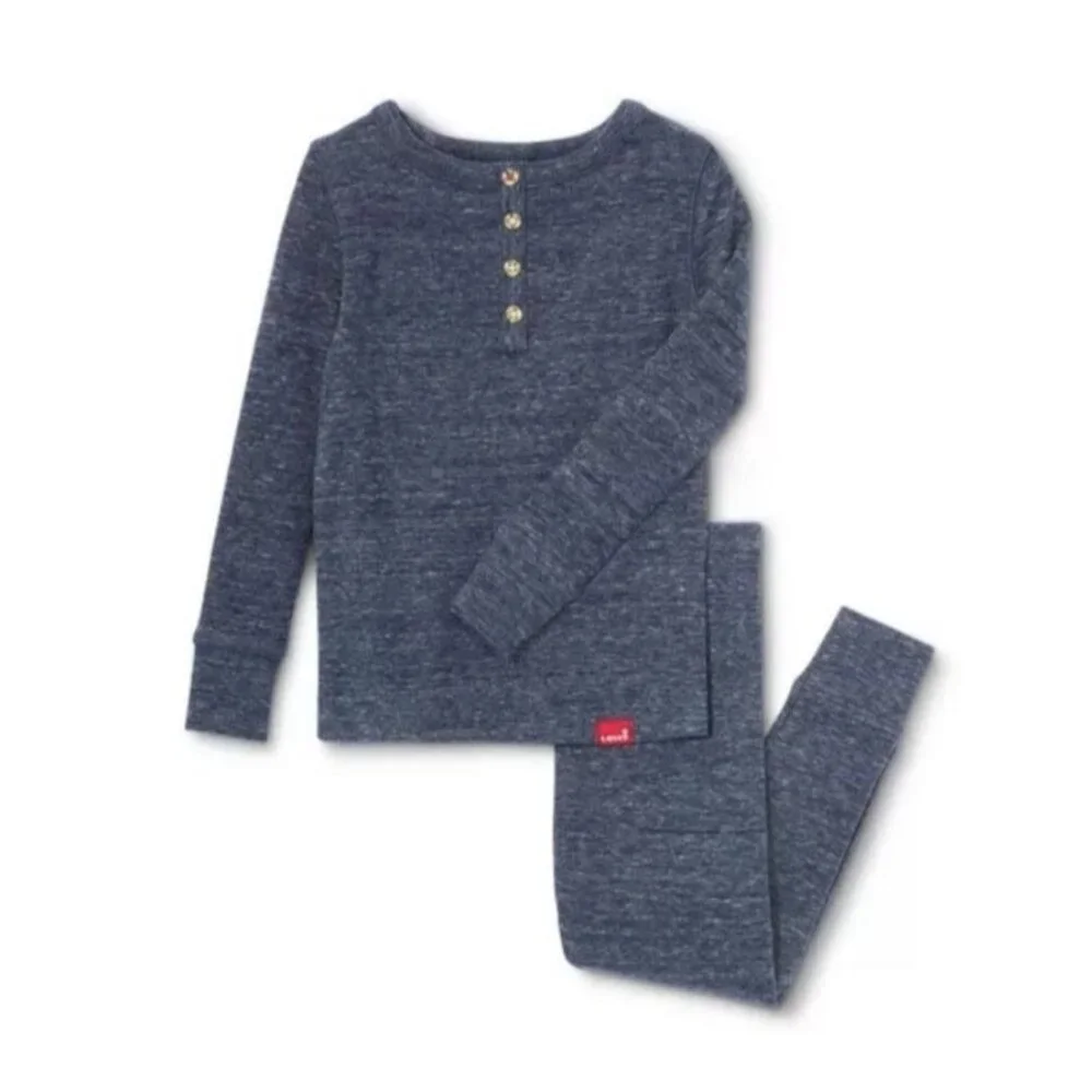 Levi's Kids Pajama Set Size 10 Long Sleeve Henley Top Pants Blue Heather Comfort